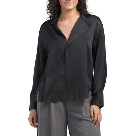 VINCE Black Silk Stand Collar Long Sleeve Draped Blouse - Picture 1 of 2